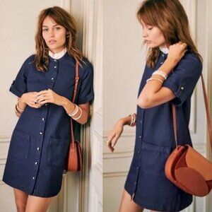 Sezane Alwena Denim Blue Dress Button Down Size 4 Short Sleeves French Capsule